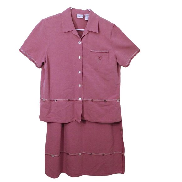 Vintage 90s Koret 2-pc Set Button-up Blouse Comfort Skirt Pockets Ladies-14/16 - Picture 1 of 10